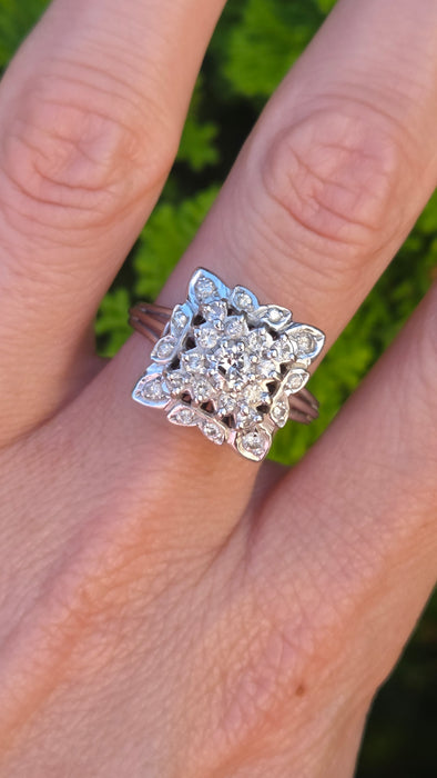 Vintage: 18ct White Gold Diamond 0.64ct Square Cluster Dress Ring — From 1976