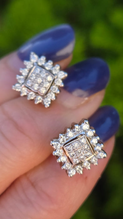 Vintage: 18ct Yellow Gold 50-Diamond 0.62ct Art Deco Square Cluster Stud Earrings