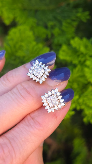 Vintage: 18ct Yellow Gold 50-Diamond 0.62ct Art Deco Square Cluster Stud Earrings