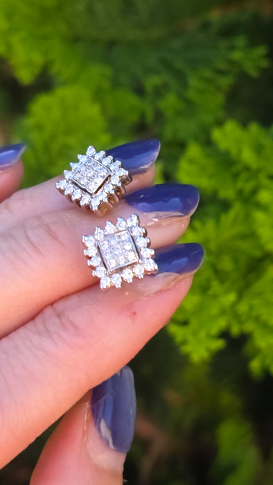 Vintage: 18ct Yellow Gold 50-Diamond 0.62ct Art Deco Square Cluster Stud Earrings