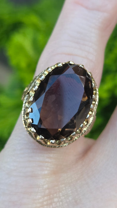 Vintage: 9ct Yellow Gold Large Cognac Smoky Quartz Cocktail Ring — From 1976