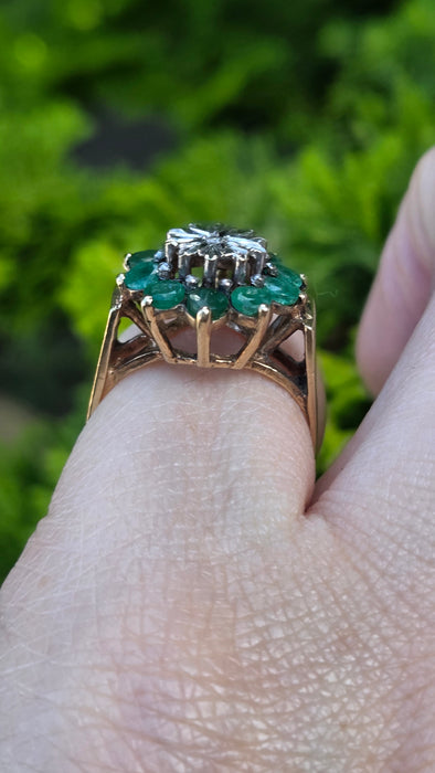 Vintage: 9ct Yellow Gold Emerald & Diamond Floral Cluster Ring — From 1987