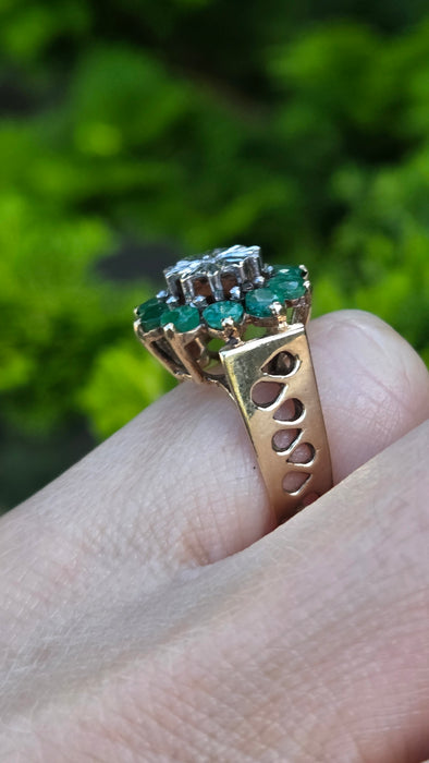 Vintage: 9ct Yellow Gold Emerald & Diamond Floral Cluster Ring — From 1987