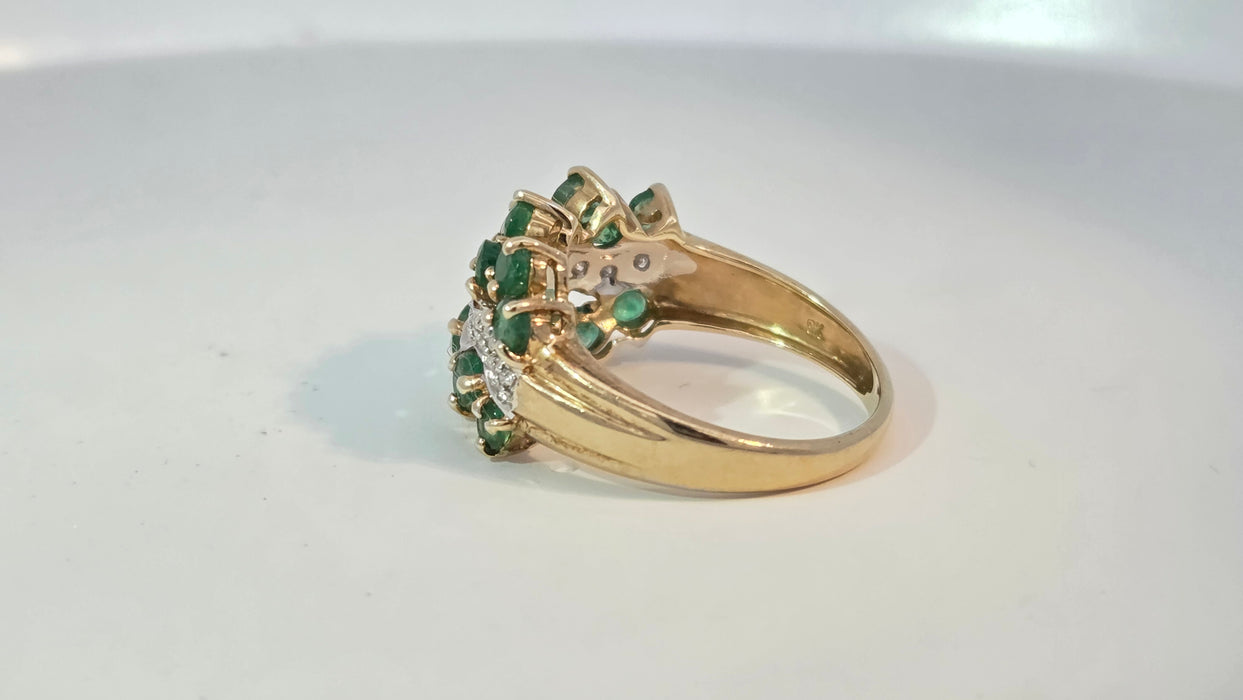 Vintage: 9ct Yellow Gold Emerald & Diamond Dress Ring