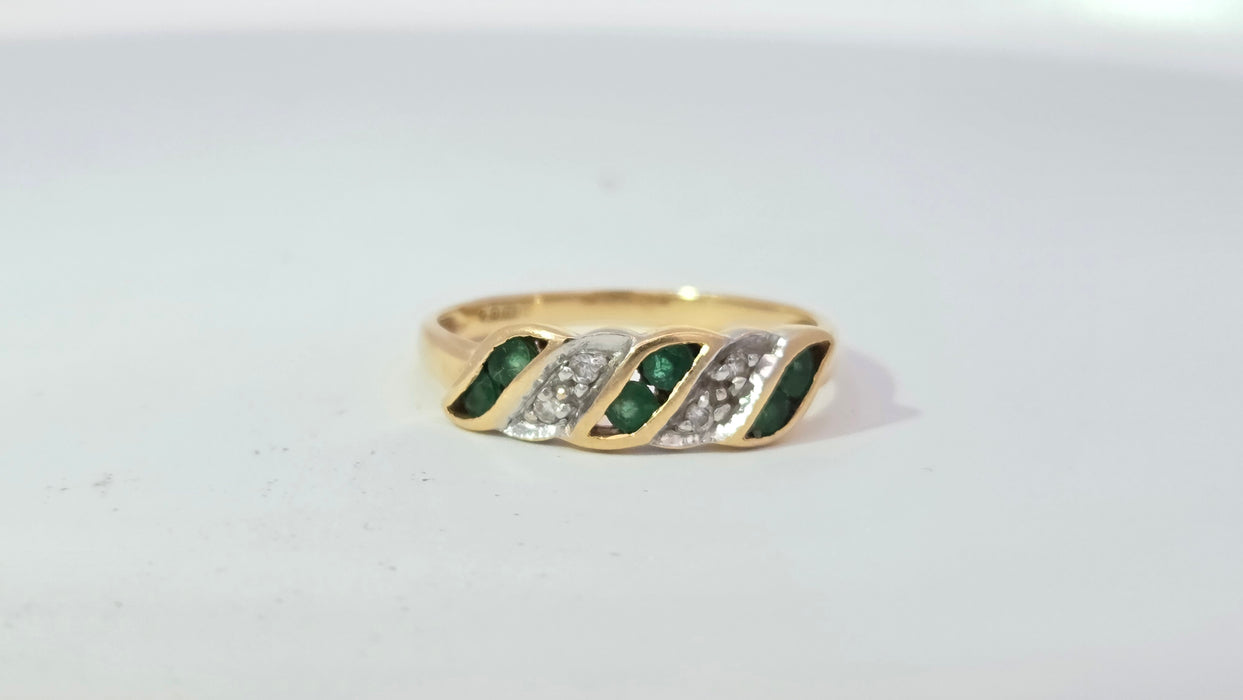 Vintage: 18ct Yellow Gold Emerald & Diamond Crossover Ring — From 1994