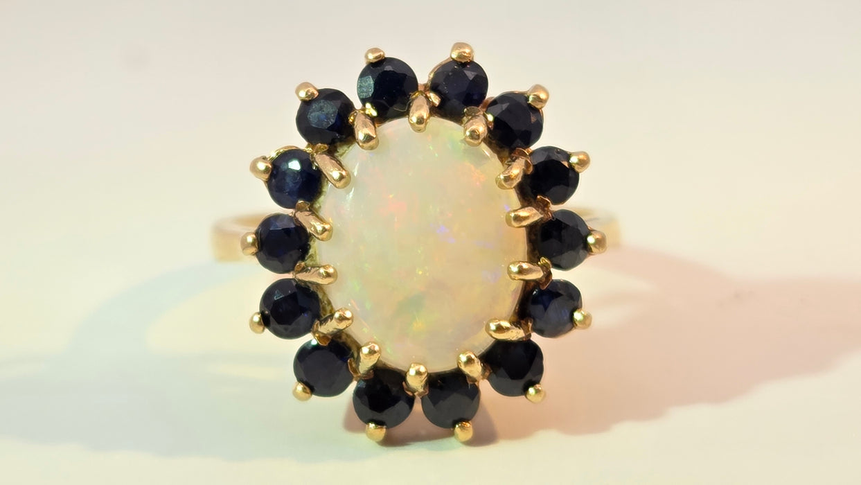 Vintage: 9ct Yellow Gold Opal & Sapphire Cluster Ring — From 1976