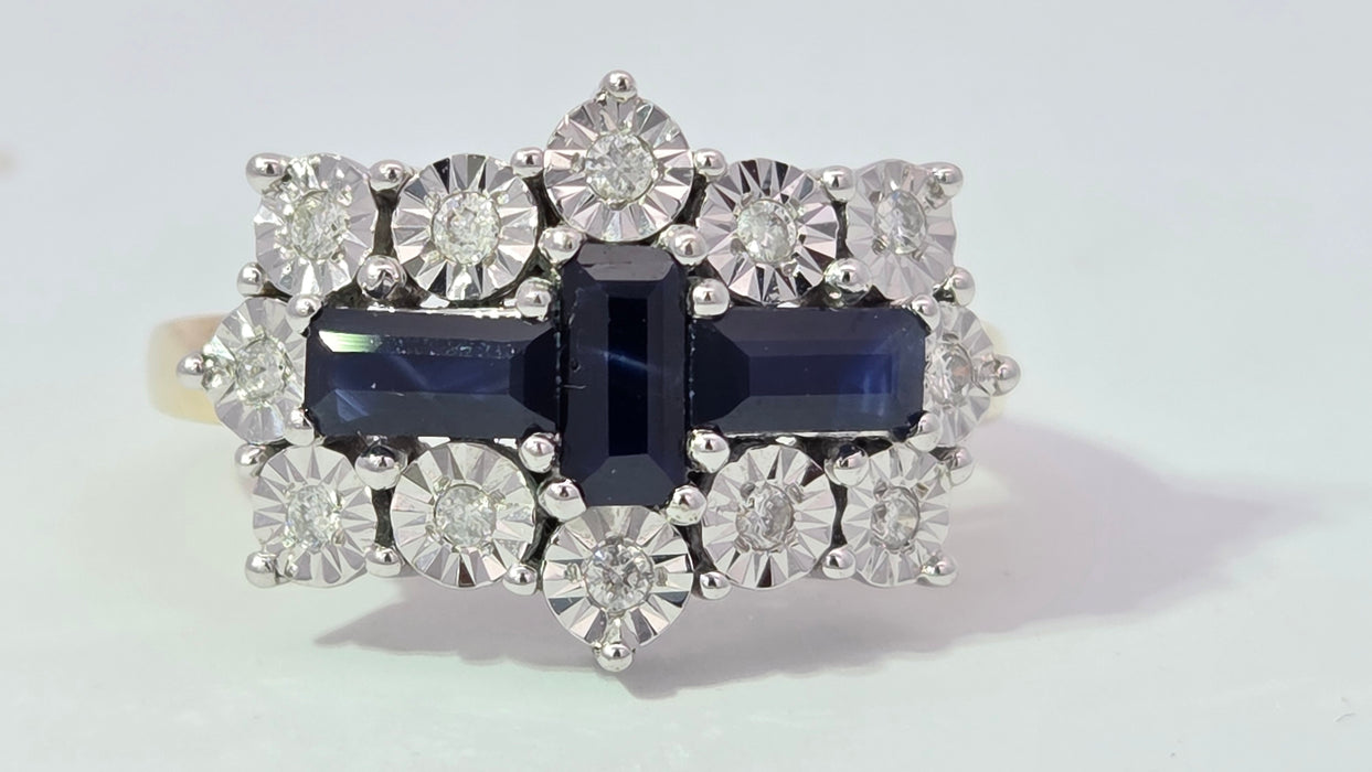 Vintage: 9ct Yellow Gold Sapphire & Diamond Over 1ct Art Deco-Style Dress Ring