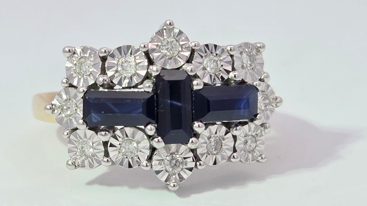 Vintage: 9ct Yellow Gold Sapphire & Diamond Over 1ct Art Deco-Style Dress Ring