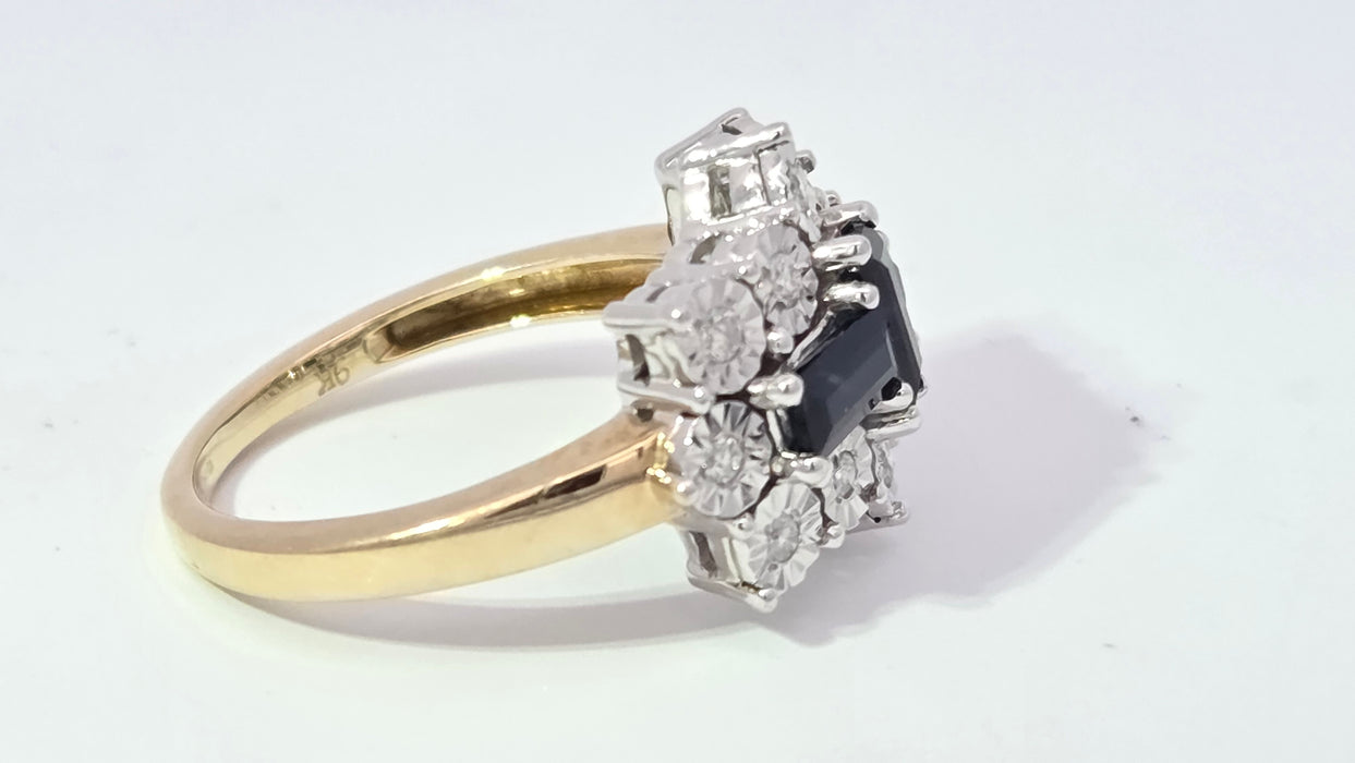 Vintage: 9ct Yellow Gold Sapphire & Diamond Over 1ct Art Deco-Style Dress Ring