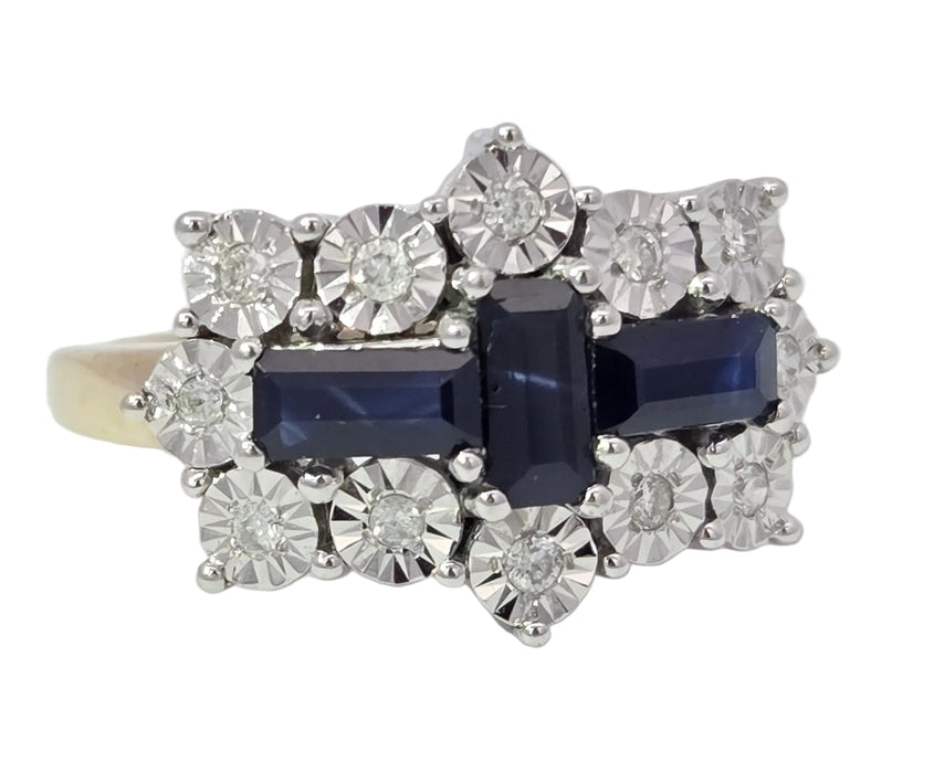 Vintage: 9ct Yellow Gold Sapphire & Diamond Over 1ct Art Deco-Style Dress Ring