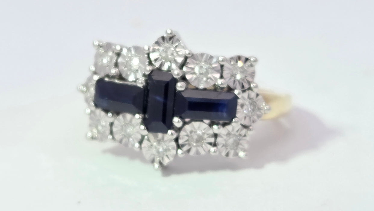 Vintage: 9ct Yellow Gold Sapphire & Diamond Over 1ct Art Deco-Style Dress Ring