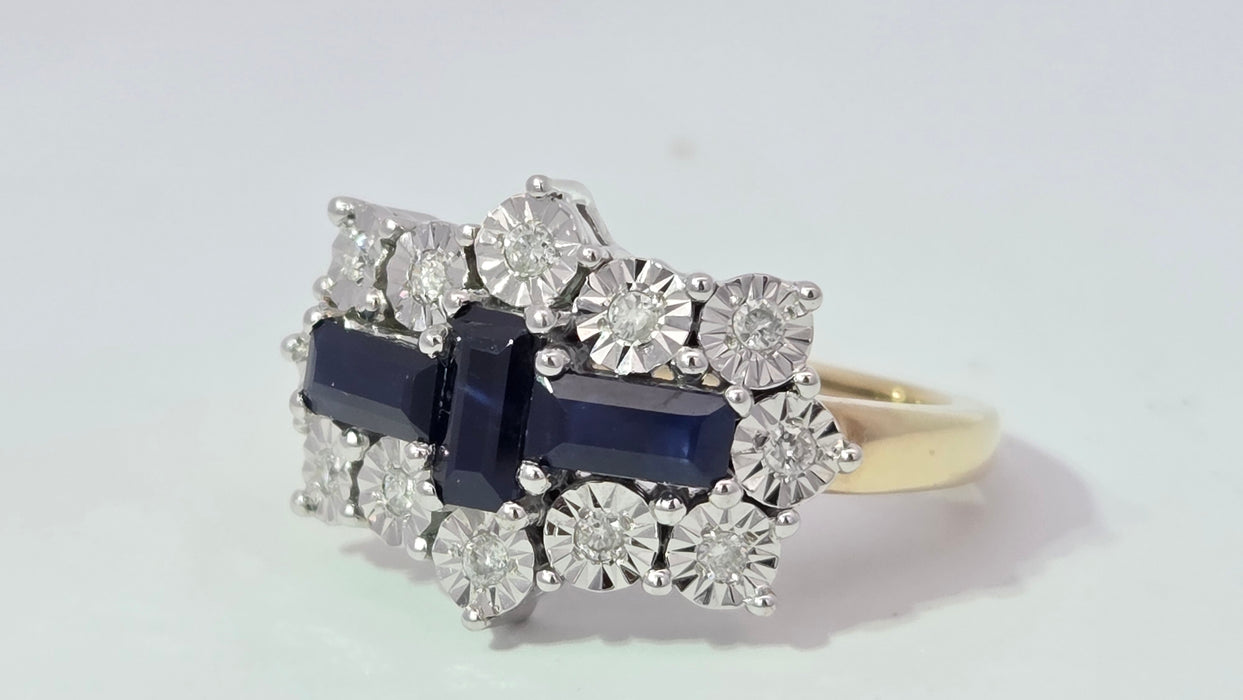 Vintage: 9ct Yellow Gold Sapphire & Diamond Over 1ct Art Deco-Style Dress Ring