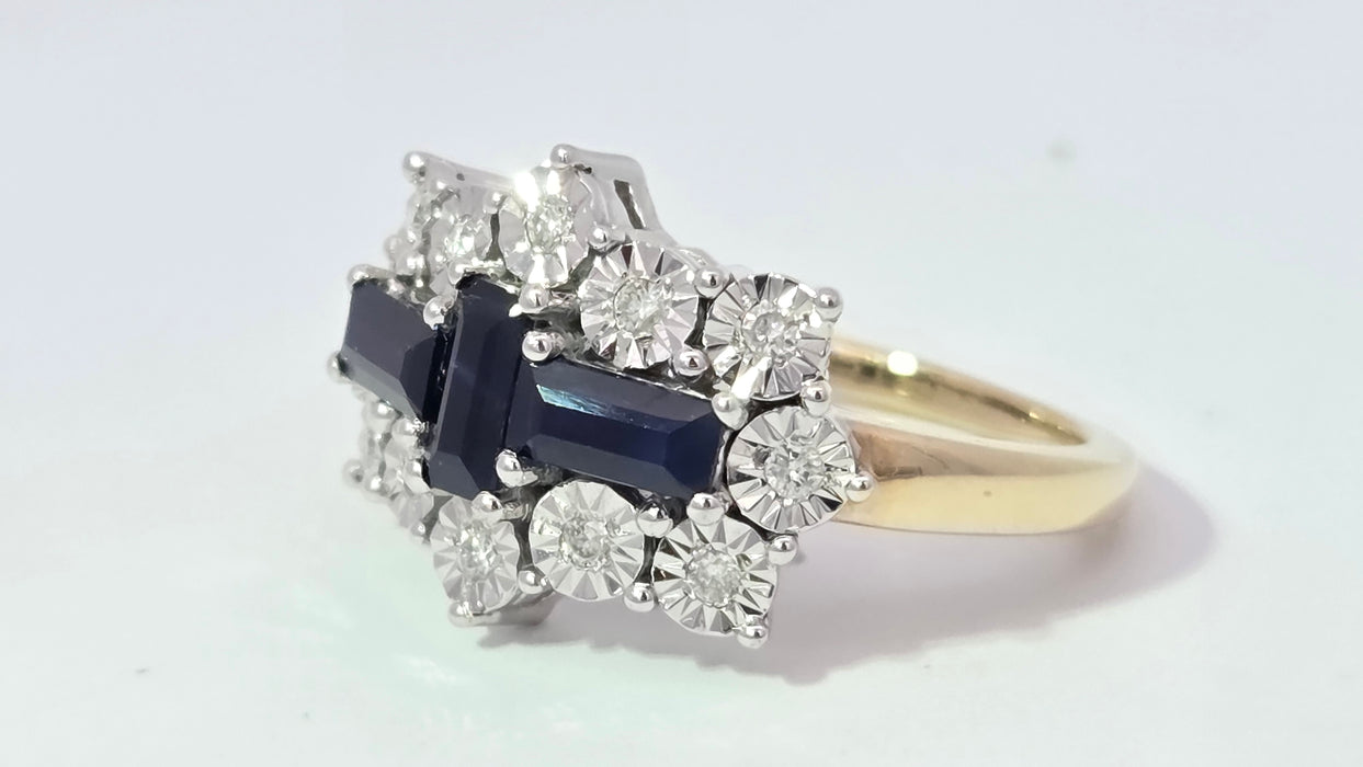 Vintage: 9ct Yellow Gold Sapphire & Diamond Over 1ct Art Deco-Style Dress Ring