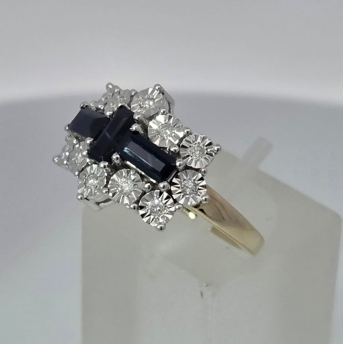 Vintage: 9ct Yellow Gold Sapphire & Diamond Over 1ct Art Deco-Style Dress Ring