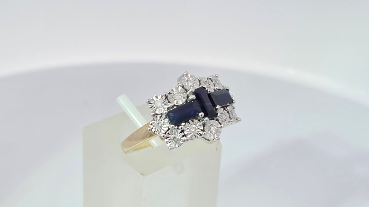 Vintage: 9ct Yellow Gold Sapphire & Diamond Over 1ct Art Deco-Style Dress Ring