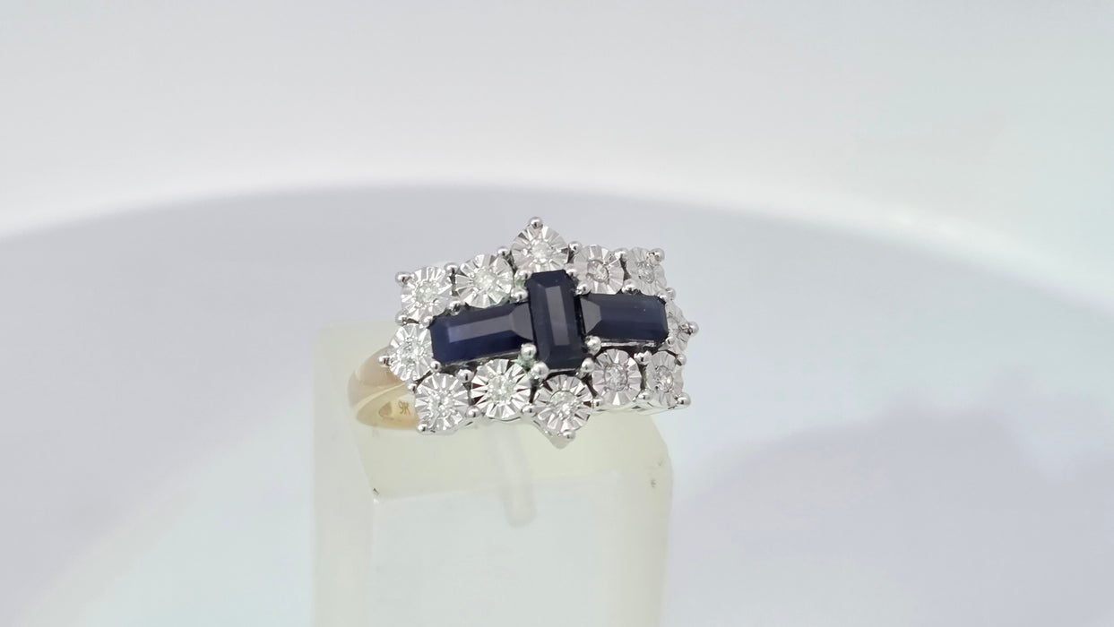 Vintage: 9ct Yellow Gold Sapphire & Diamond Over 1ct Art Deco-Style Dress Ring