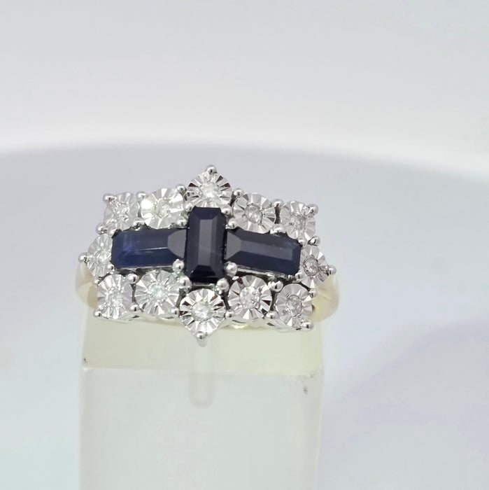 Vintage: 9ct Yellow Gold Sapphire & Diamond Over 1ct Art Deco-Style Dress Ring