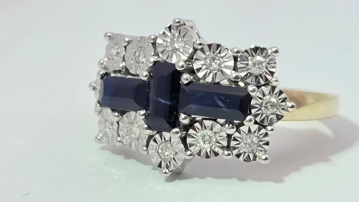 Vintage: 9ct Yellow Gold Sapphire & Diamond Over 1ct Art Deco-Style Dress Ring