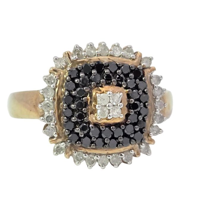 Vintage: 9ct Yellow Gold Black & White Diamond 1.01ct Art Deco-Style Dress Cluster Ring