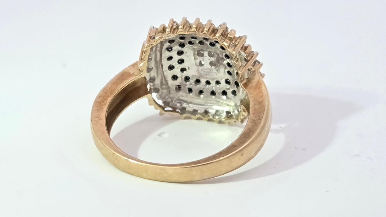 Vintage: 9ct Yellow Gold Black & White Diamond 1.01ct Art Deco-Style Dress Cluster Ring