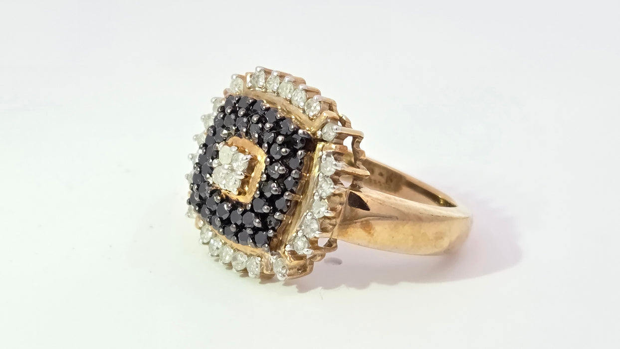 Vintage: 9ct Yellow Gold Black & White Diamond 1.01ct Art Deco-Style Dress Cluster Ring