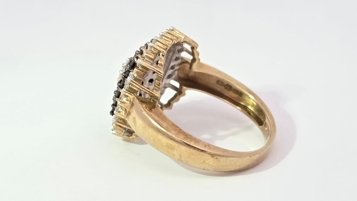 Vintage: 9ct Yellow Gold Black & White Diamond 1.01ct Art Deco-Style Dress Cluster Ring