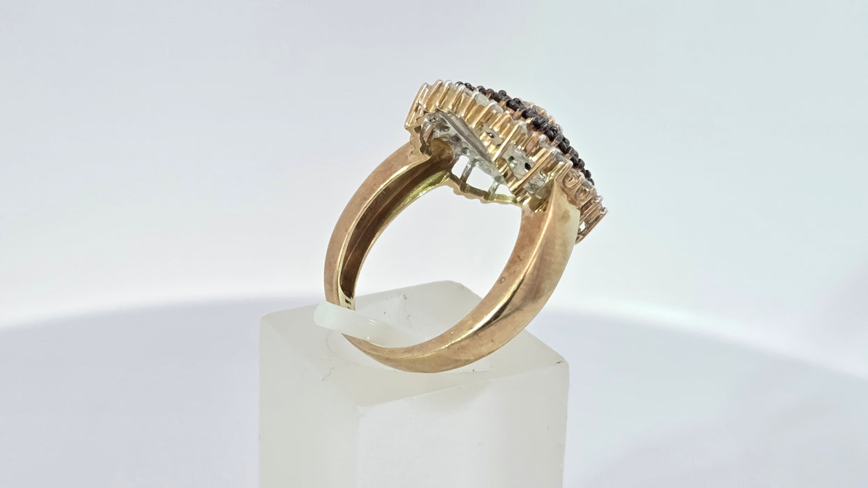 Vintage: 9ct Yellow Gold Black & White Diamond 1.01ct Art Deco-Style Dress Cluster Ring