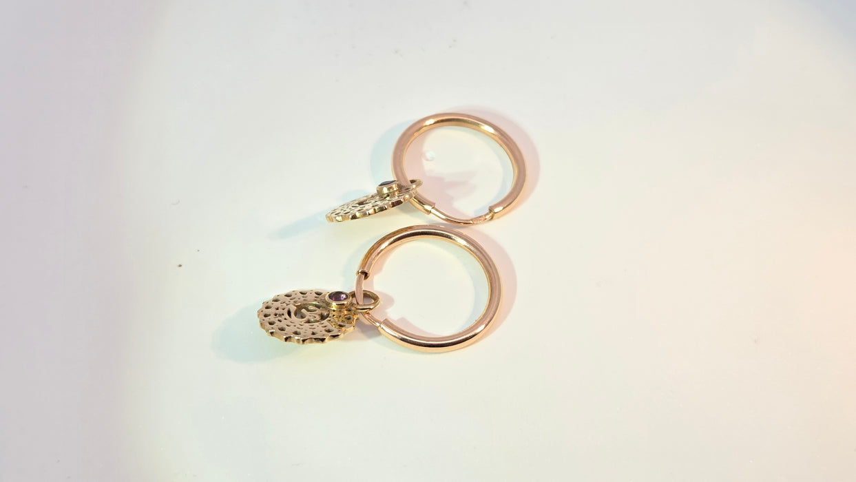 Vintage: Mixed Gold Amethyst Accent Hoop & Openwork Drop Earrings