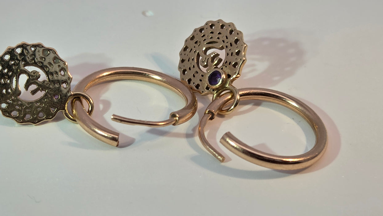 Vintage: Mixed Gold Amethyst Accent Hoop & Openwork Drop Earrings