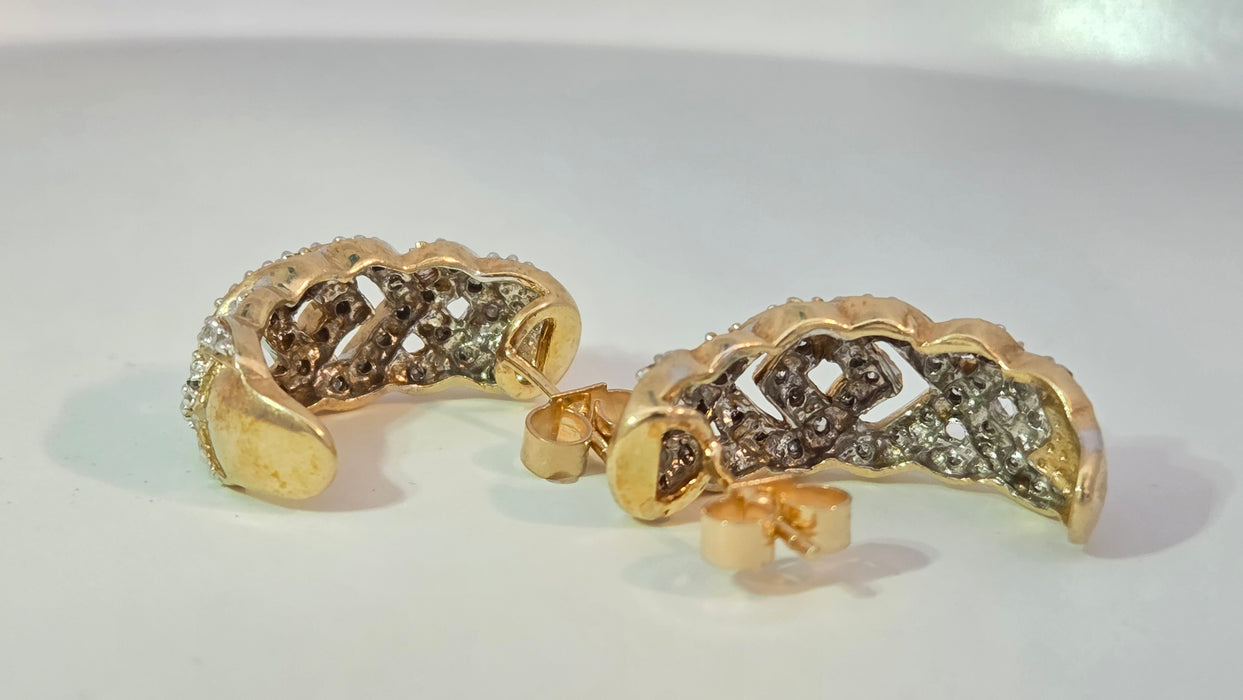 Vintage: 9ct Yellow Gold 84 Diamond Half Hoop Earrings