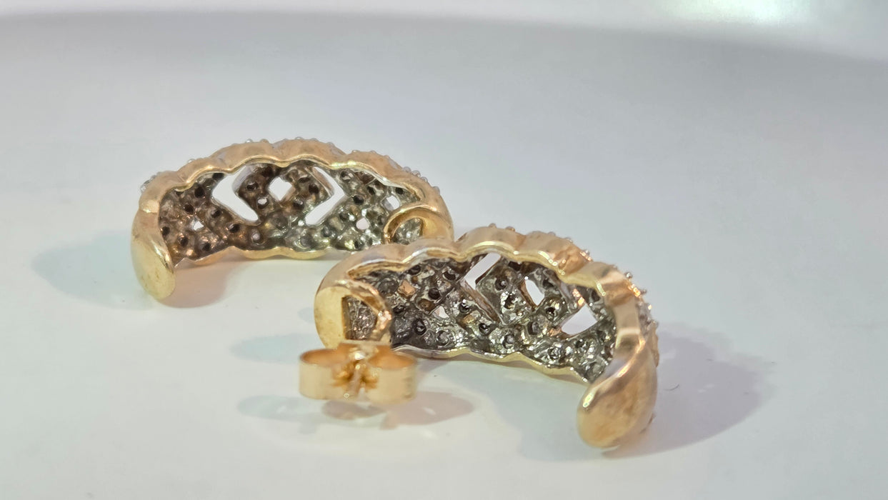 Vintage: 9ct Yellow Gold 84 Diamond Half Hoop Earrings