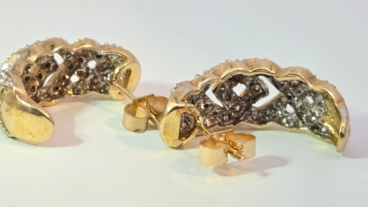 Vintage: 9ct Yellow Gold 84 Diamond Half Hoop Earrings