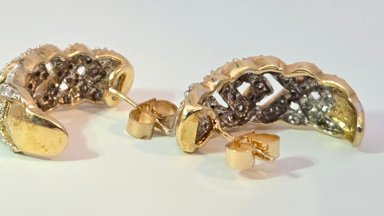 Vintage: 9ct Yellow Gold 84 Diamond Half Hoop Earrings