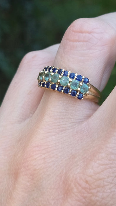 Vintage: 9ct Yellow Gold Blue & Green Sapphire Dress Ring