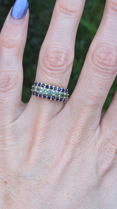Vintage: 9ct Yellow Gold Blue & Green Sapphire Dress Ring
