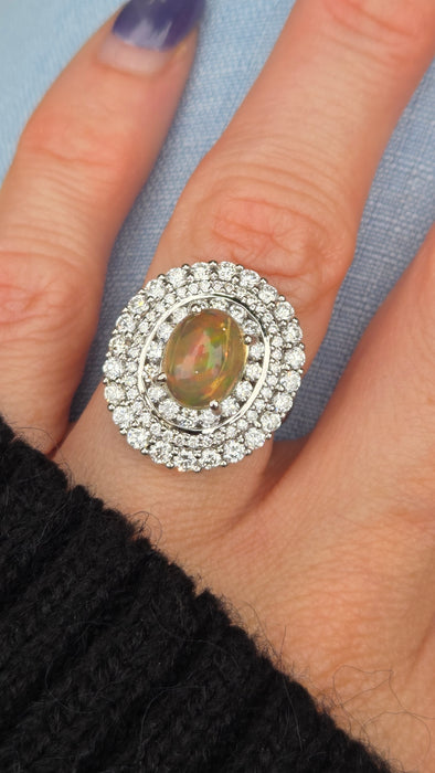 3237 Vintage: 18ct White Gold Opal & Diamond Double Halo Cluster Ring
