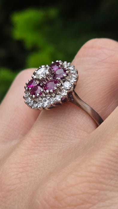 2941: Vintage 18ct White Gold Rubies(2.58ct) Diamonds (1ct) Cocktail Cluster Ring- From 1981