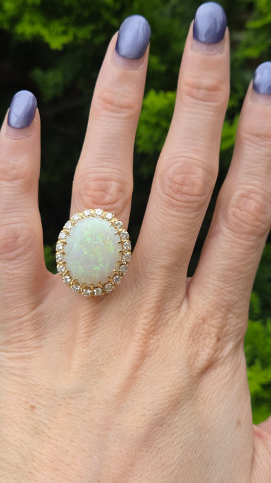 3136 Vintage: 18ct Yellow Gold 13.27ct White Opal & 1.40ct Diamond Oval Cluster Ring