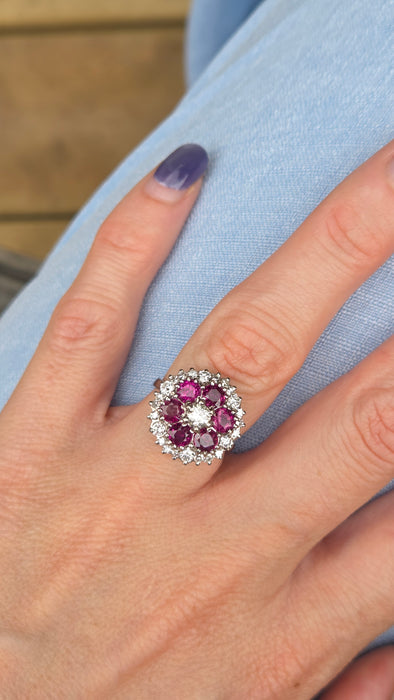 2941: Vintage 18ct White Gold Rubies(2.58ct) Diamonds (1ct) Cocktail Cluster Ring- From 1981