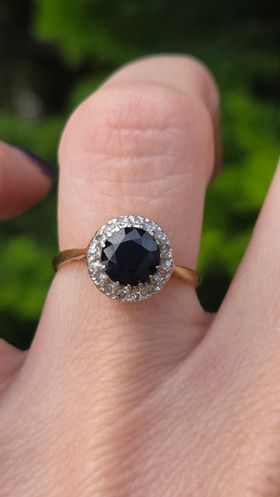 Vintage: 18ct Gold Sapphire & Diamond Art Deco Style Cluster Ring