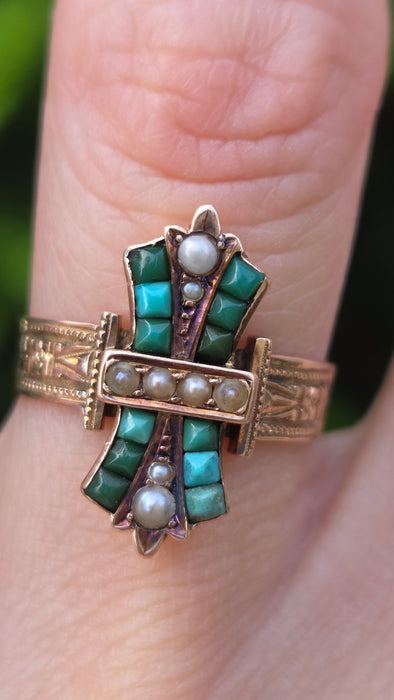 Antique: Victorian 9ct Yellow Gold Turquoise & Seed Pearl Cross Ring