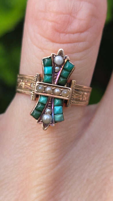 Antique: Victorian 9ct Yellow Gold Turquoise & Seed Pearl Cross Ring