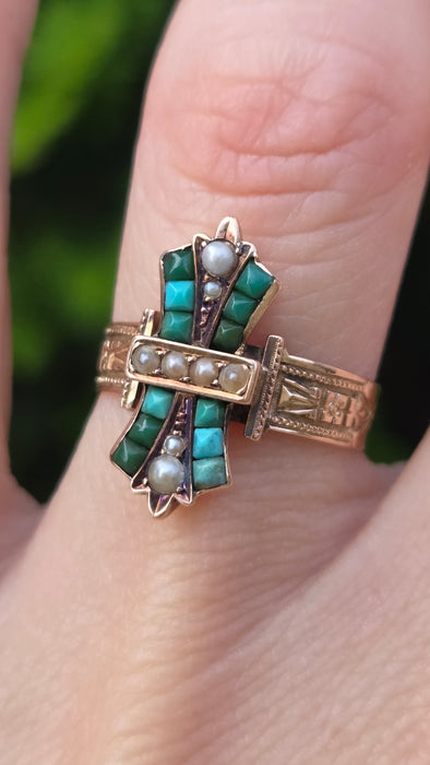 Antique: Victorian 9ct Yellow Gold Turquoise & Seed Pearl Cross Ring