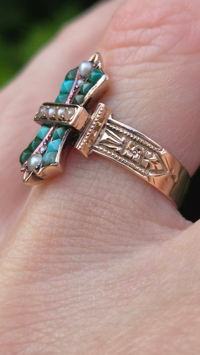 Antique: Victorian 9ct Yellow Gold Turquoise & Seed Pearl Cross Ring