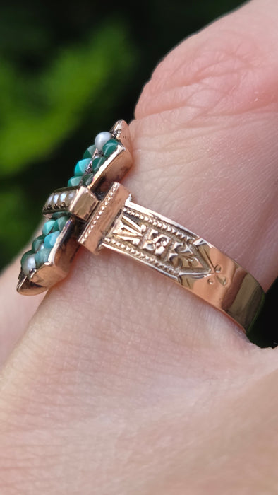 Antique: Victorian 9ct Yellow Gold Turquoise & Seed Pearl Cross Ring