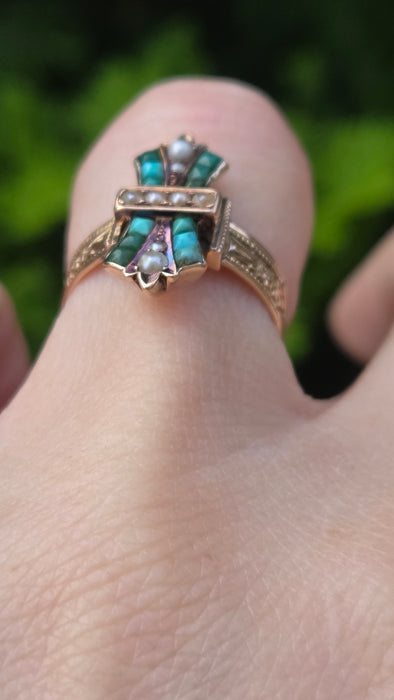 Antique: Victorian 9ct Yellow Gold Turquoise & Seed Pearl Cross Ring