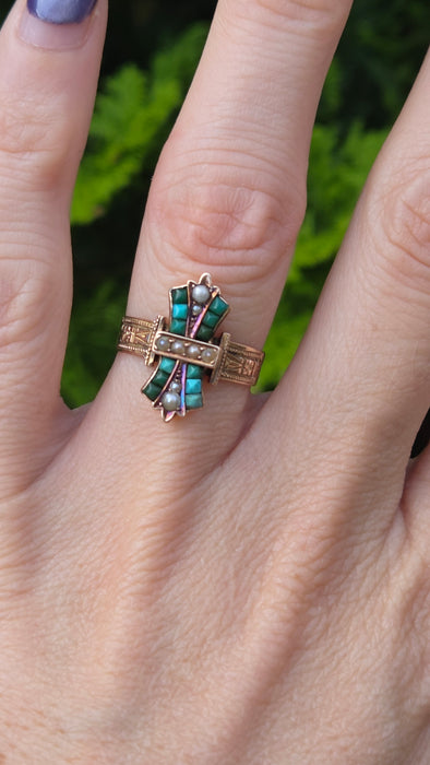 Antique: Victorian 9ct Yellow Gold Turquoise & Seed Pearl Cross Ring