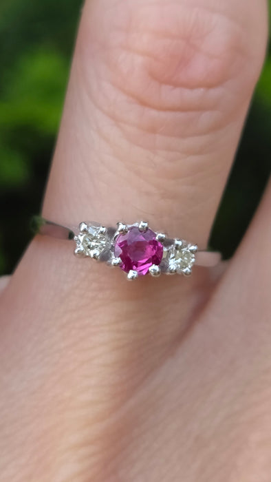 Vintage: 18ct White Gold Ruby & Diamond Three-Stone Ring — From 1978
