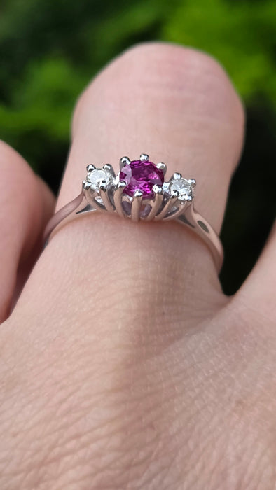 Vintage: 18ct White Gold Ruby & Diamond Three-Stone Ring — From 1978