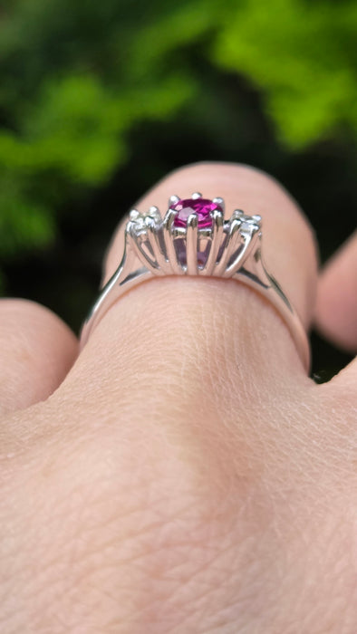Vintage: 18ct White Gold Ruby & Diamond Three-Stone Ring — From 1978